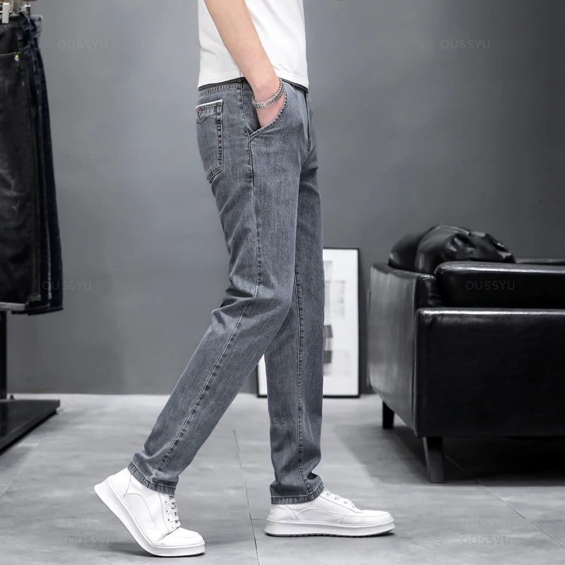 Calças de ganga skinny elástic - Men'S Fashion Grey Jeans avaliação e preço